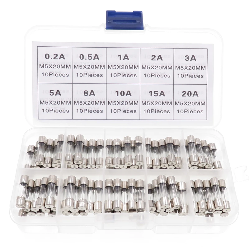 100Pcs Set 5x20mm Quick Blow Glass Tube Fuse Assorted Kits Fast-blow Glass Fuses 10A-20A