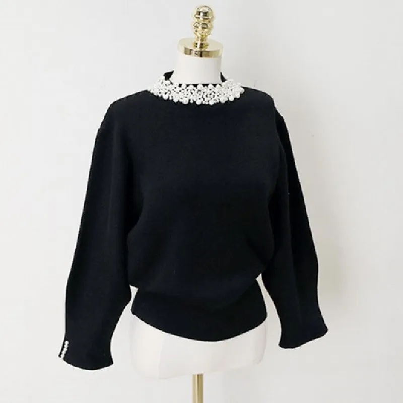 Pearl Beading Vintage Pullover Sweater Women 3/4 Sleeve Half High Collar Tops Solid Elegant Ladies Jumpers 2022