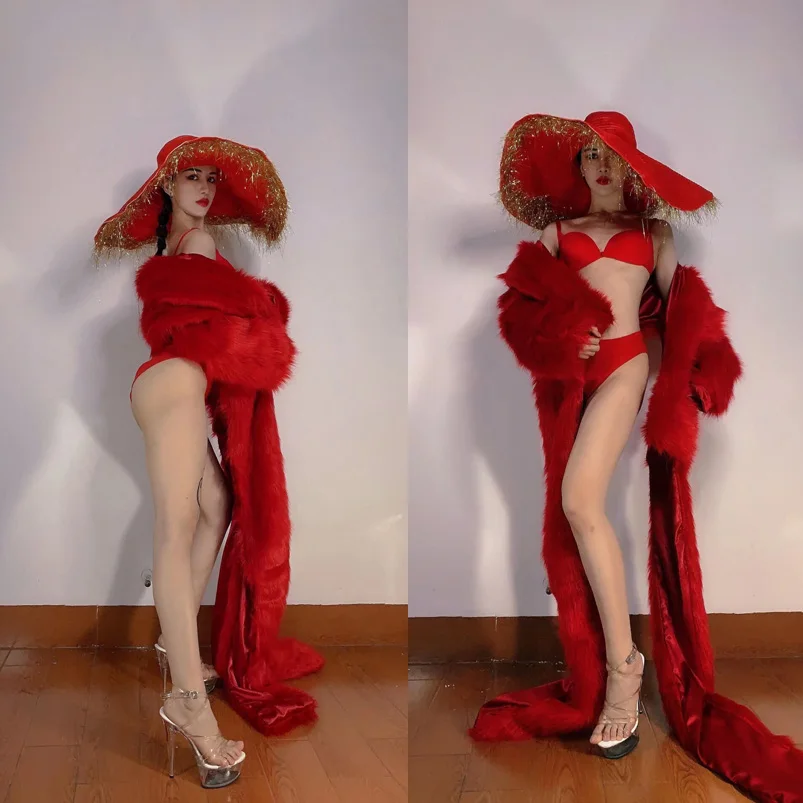 

Sexy women dance clothing Red Stage Dance Costume Performance nightclub bar wear dj dancer outfit