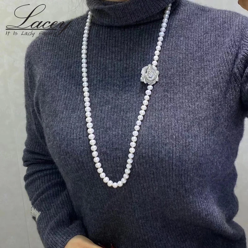 Long Freshwater Pearl Necklace For Women,White Real Pearl Necklace Wedding Trendy Sweater Necklace Gift