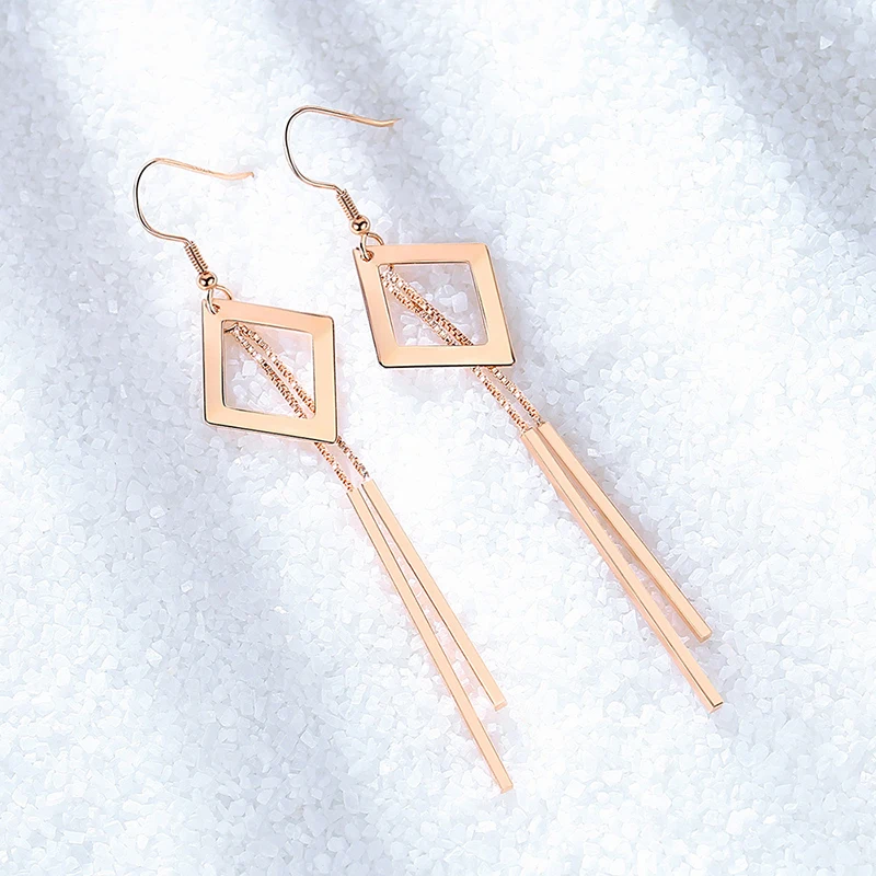 Simple Romantic Long Chain Tassel Drop Earrings For Women Geometric Rectangle Hollow Dangle Ear Hook Charming Earring Jewelry