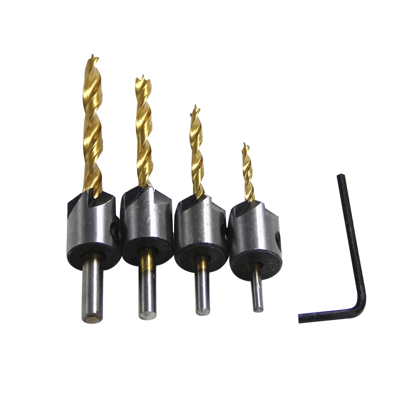 4PC HSS 3-4-5-6mm titanium plated three point woodworking countersunk drilling and wrench