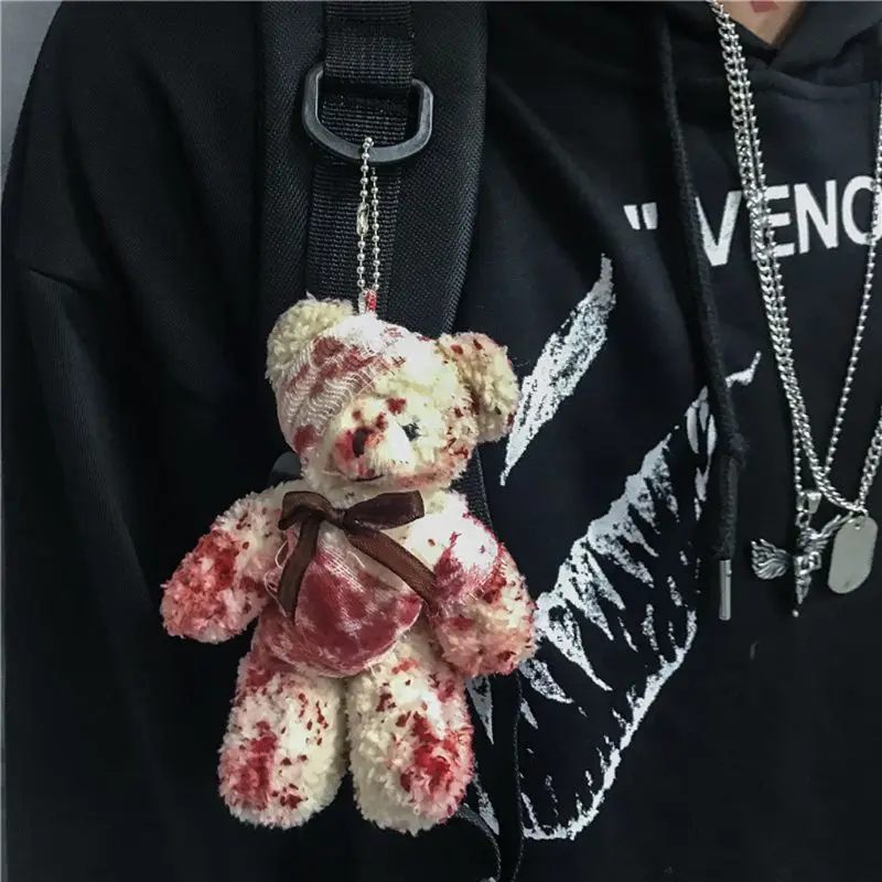 Punk Bloody Plush Bear Keychain Halloween Injured Animal Bear Doll Key Ring Bags Pendant Creative Fashion Cool Jewelry