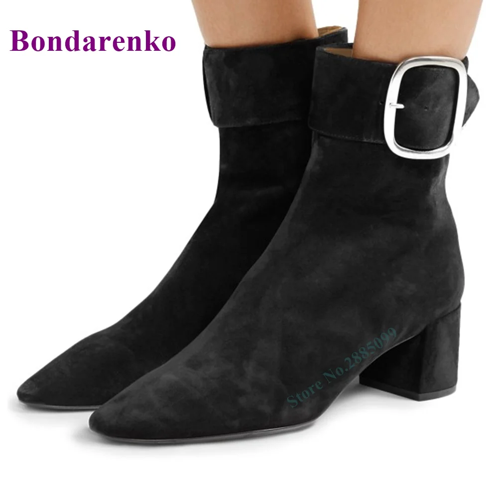 Buckle Chunky Heel Ankle Boots Suede Solid Pointed Toe Side Zipper Fashion Women Autume Winter Party Dress Boots Shoes Burgundy