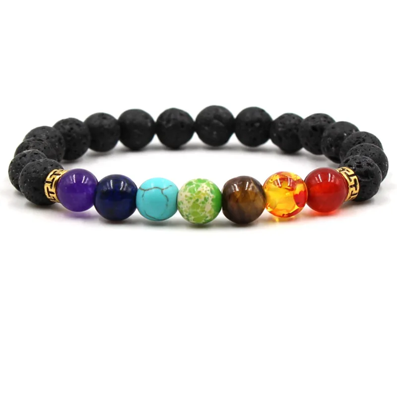 

Rainbow 7 Chakras 8mm Black Lava Stone Beads Bracelet Essential Oil Diffuser Balance Bracelet Stretch Jewelry