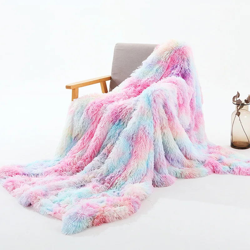 

Rainbow Plush Super Soft Blanket Colorful Bedding Sofa Cover Furry Fuzzy Fur Warm Throw Cozy Couch Blanket for Winter