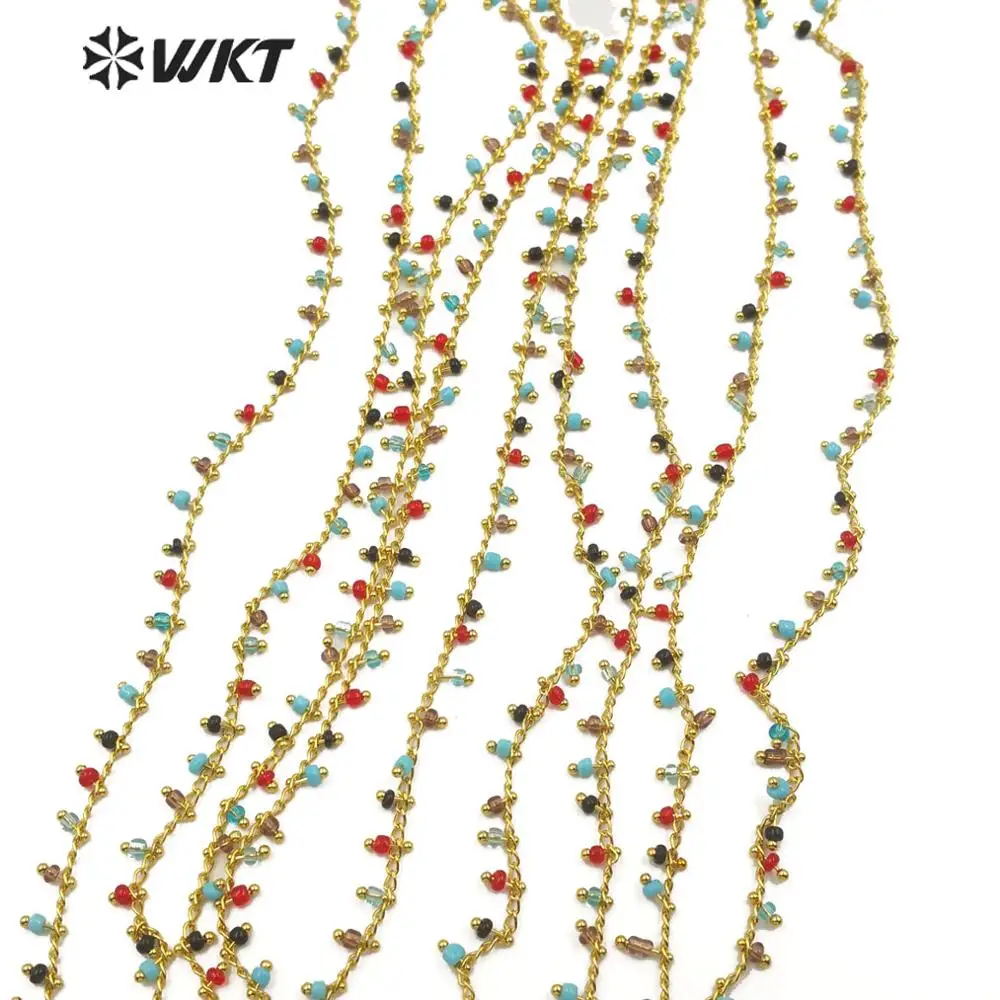 WT-RBC124 WKT Multi Colors Crystal Beads In Gold Electroplated Wire Wrapped 3mm Tiny Bead Rosary Chain For Women Stylish Jewelry