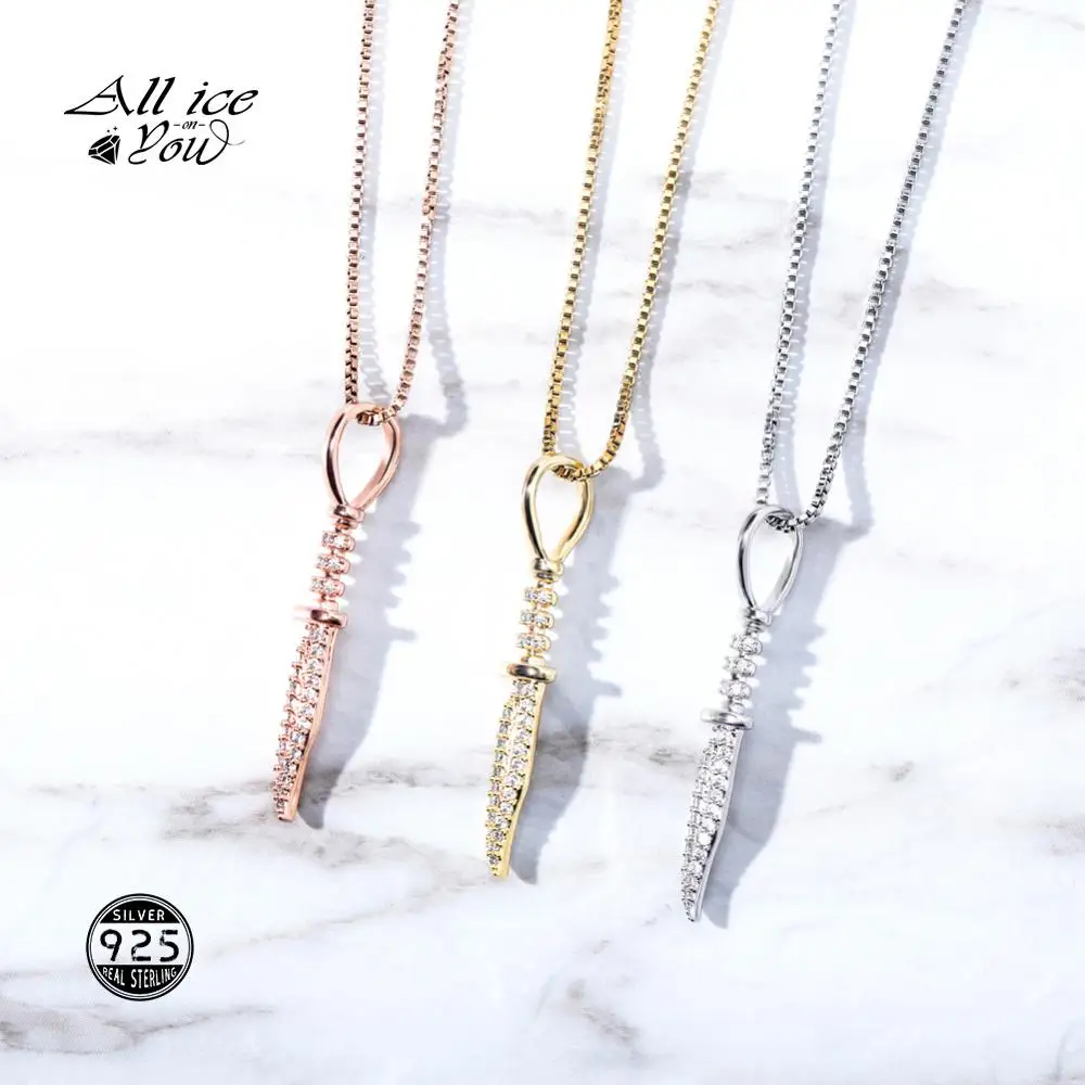 ALLICEONYOU 925 Sterling Silver High Quality Iced Out Cubic Zirconia Dagger Pendant&Necklace Hip Hop Fashion Jewelry Gift