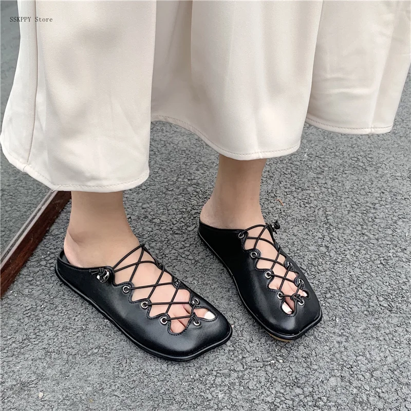 Women's Flat-bottomed Roman Slippers, Summer Fashion, Cross Straps, Hollow Loafers, Baotou Slippers, Sandals and Slippers