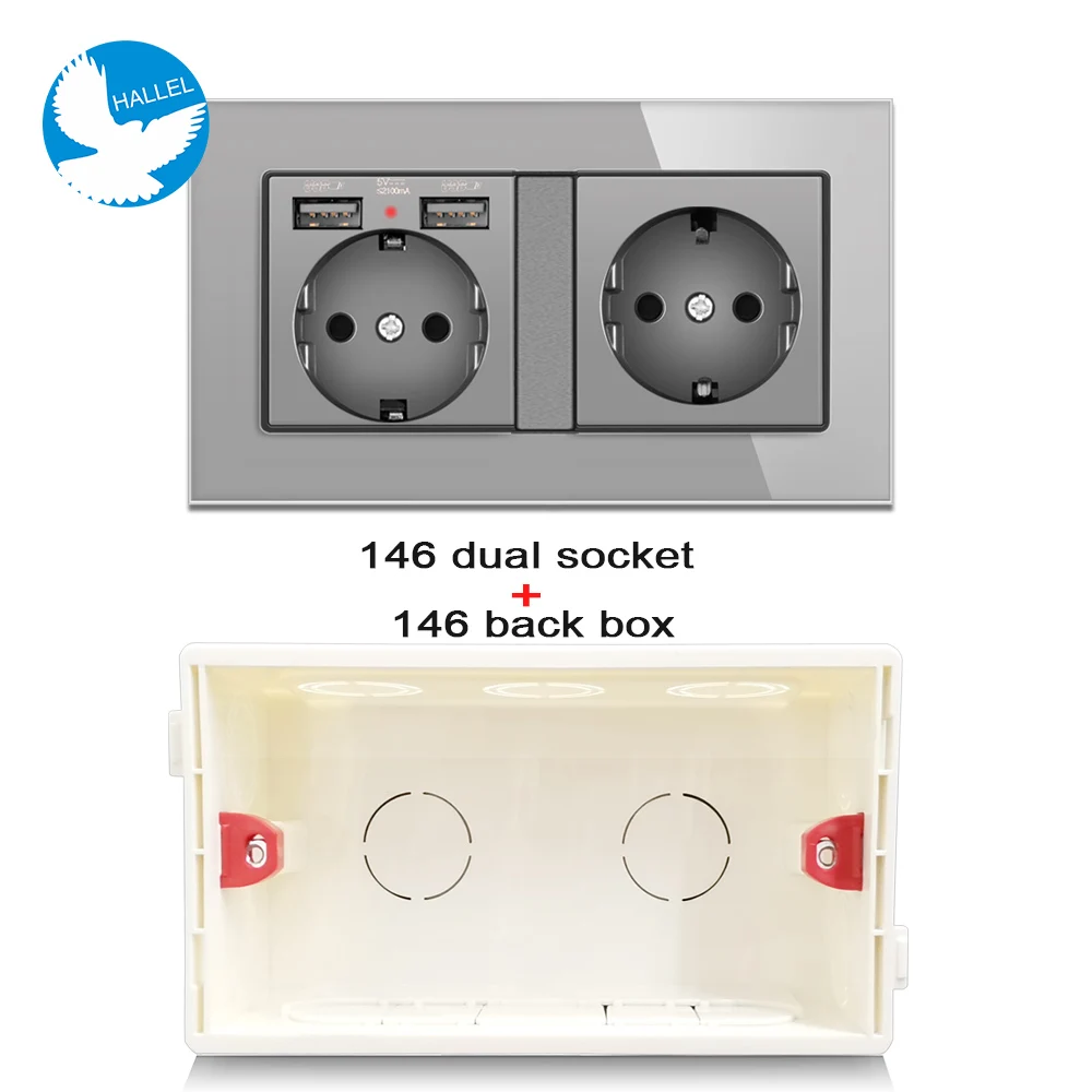 Crystal Grey German EU Socket Multi Frame Panel Dual USB 2.1A High Speed Charger Hidden LED Light, 16A 220v EU Outlet Schuko