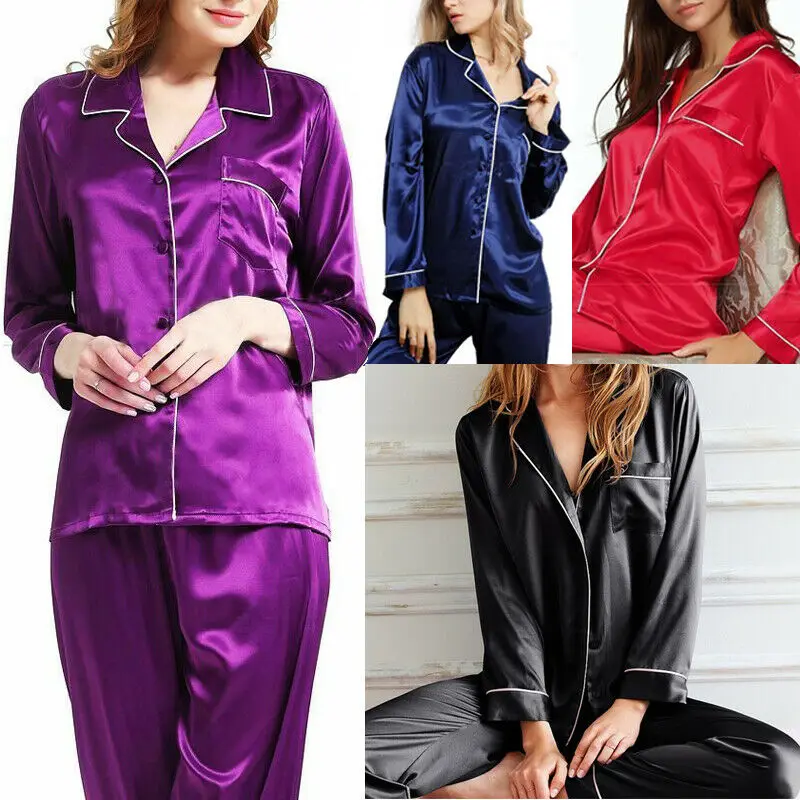 New Elegant Fashion Casual Women Lady Satin Pajamas Set Pyjama Sleepwear Nightwear Loungewear Homewear