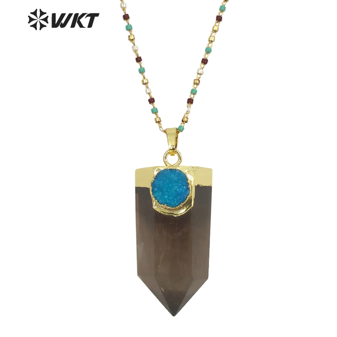 WT-N1289 Charming real gold plated Brown quartz with druzy hexagona quartz point necklace populared spirit quartz necklace