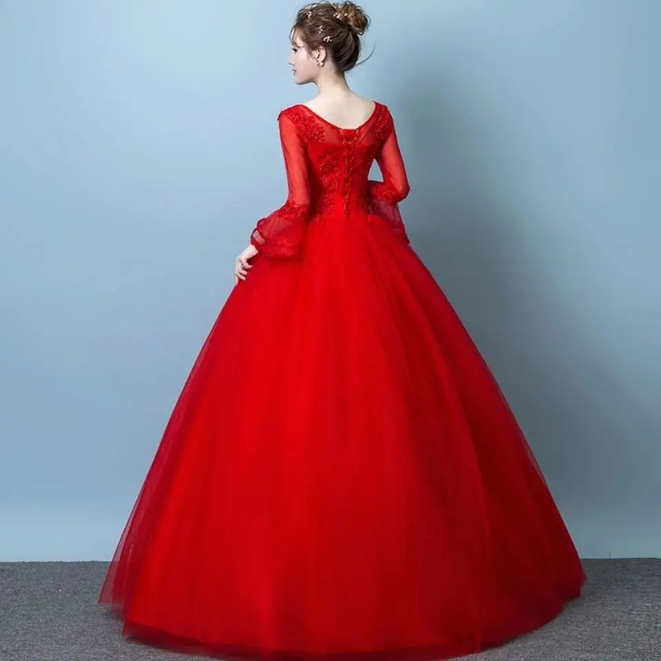 N11136-vestidos de novia largos de encaje para mujer, vestido de fiesta largo hasta el suelo, con manga acampanada, dulce recuerdo, color rojo, vestidos de FIESTA DE PROMOCIÓN para muchachas