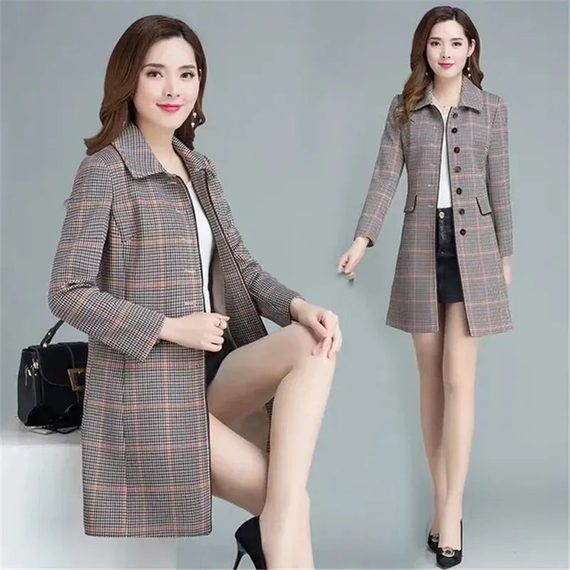 Women Plaid Wool Coat New Autumn Winter Jacket Mid-Long Slim  Ladies Single Breasted Elegant Woolen Coats Outerwear Female Tops