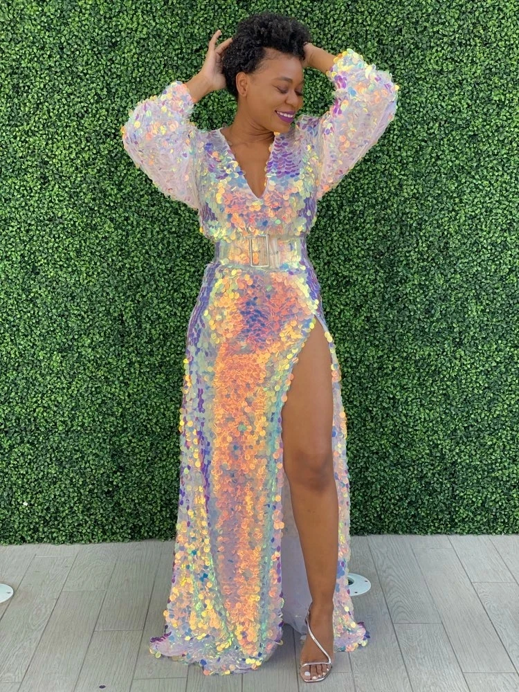 

Fashion Singer Stage Show Sparkly Party Dress Sequined High Split Long Women Dresses