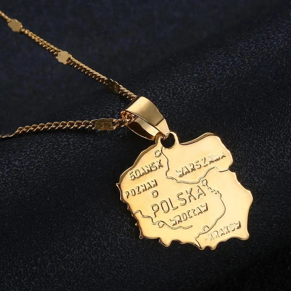 Gold Color Polska Map Pendants Necklace for Women Map of Poland Chain Jewelry