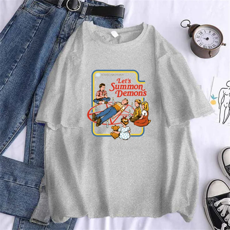 Lassen sie der Beschwören Dämonen Druck frauen Lustige T Shirts 2021 Sommer Rundhals Kleidung Oversize Harajuku 90s Top t, drop Schiff