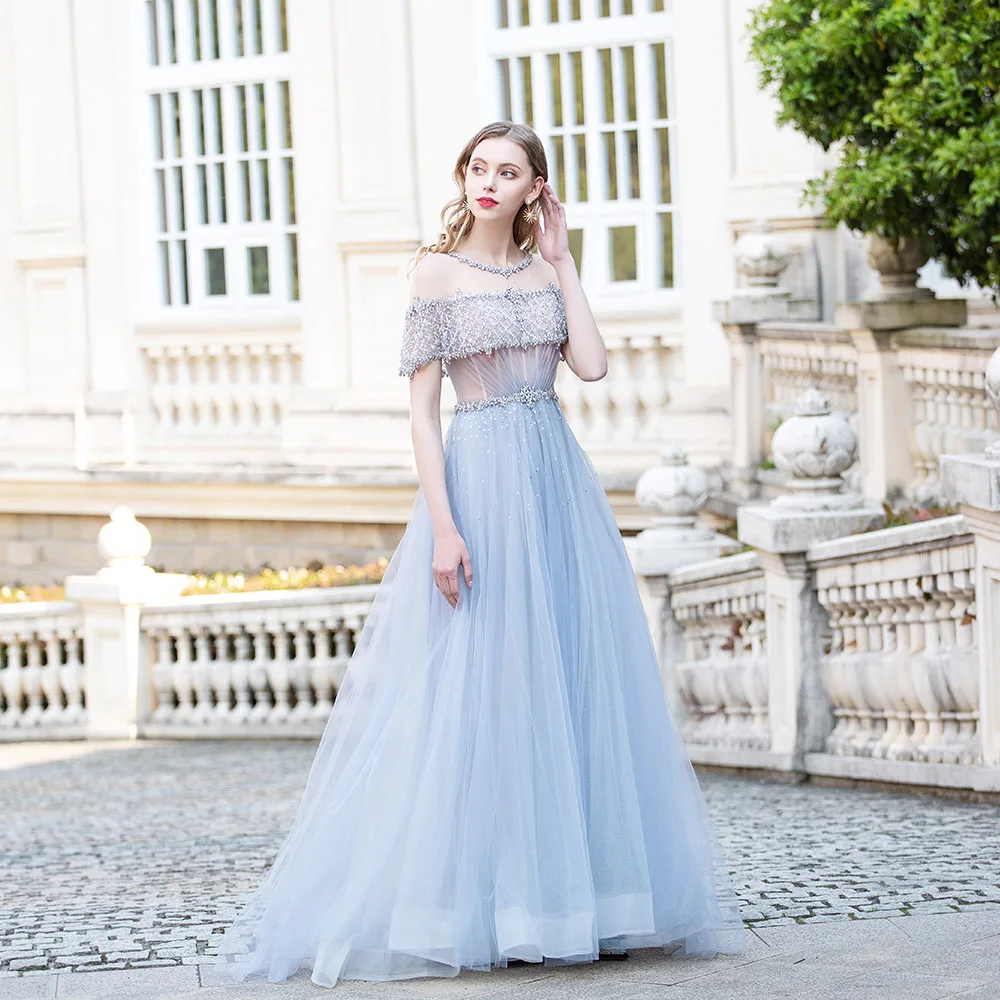 Gorgeous Light Blue Evening Dresses Long Illusion Tulle Handmade Rhinestones Beaded Formal Women Gowns Aline Vestidos