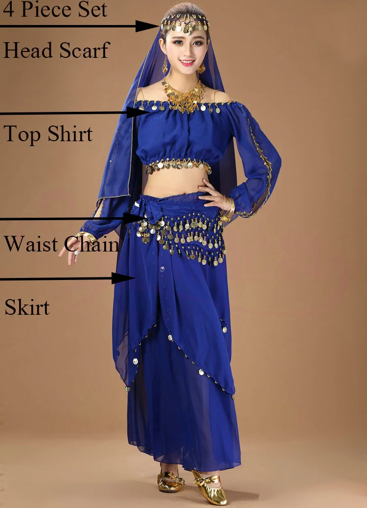 Adult Belly Dance Costume Set Chiffon Coin Long Sleeves Top And Skirt Indian Dance Wear Suit For Women Purple Dancing Clothes