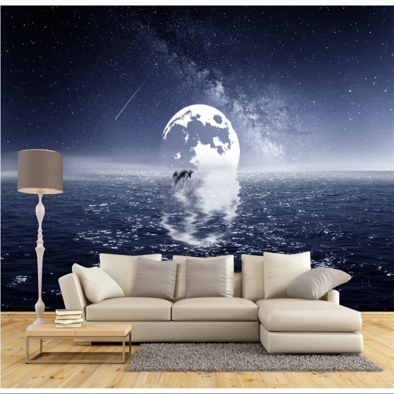 XUE SU Customized large wallpaper wall modern fashion seascape dolphin bright moon reflection interior decoration painting