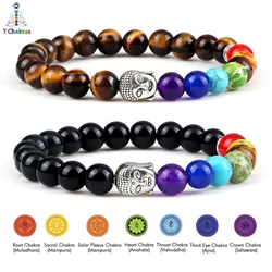 Elastic 7 Chakra Healing Beaded Bracelets Natural Stone Tiger Eye Onyx Strand Bracelets Men Women Reiki Buddha Balance Jewelry