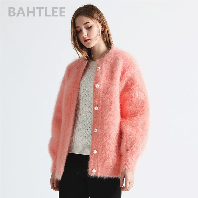 BAHTLEE-Women\'s Angora Cardigans, Wool Knitted Sweater, O-Neck, Pearl Button Pocket, Thick, Keep Warm, Winter