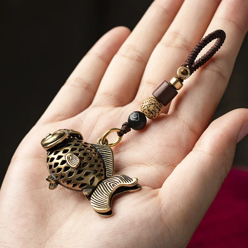 Retro Brass Lucky Fish Lanyard Pendant Hanging Jewelry Handmade Woven Rope Key Chains Charms Car Keychains Pendants for Necklace