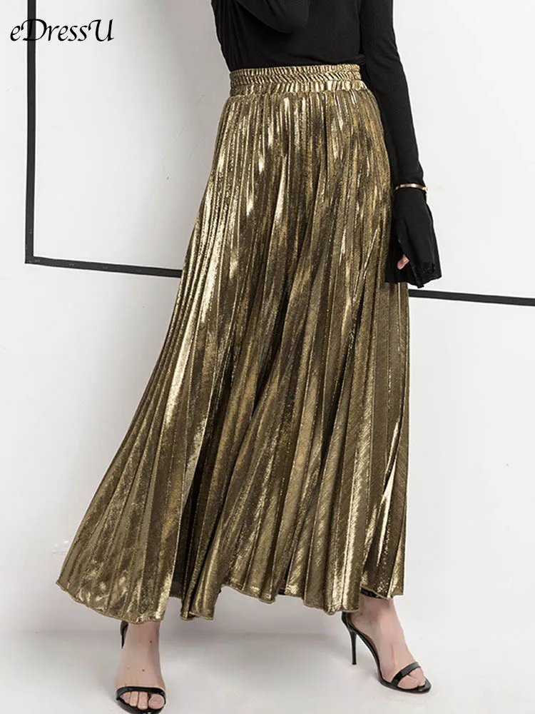 Women Skirt NEW A-line Pleated Skirt High Quality Gold Spring Long Skirt High Waist Fashion Skirt Vintage Beach Skirt LM-8299