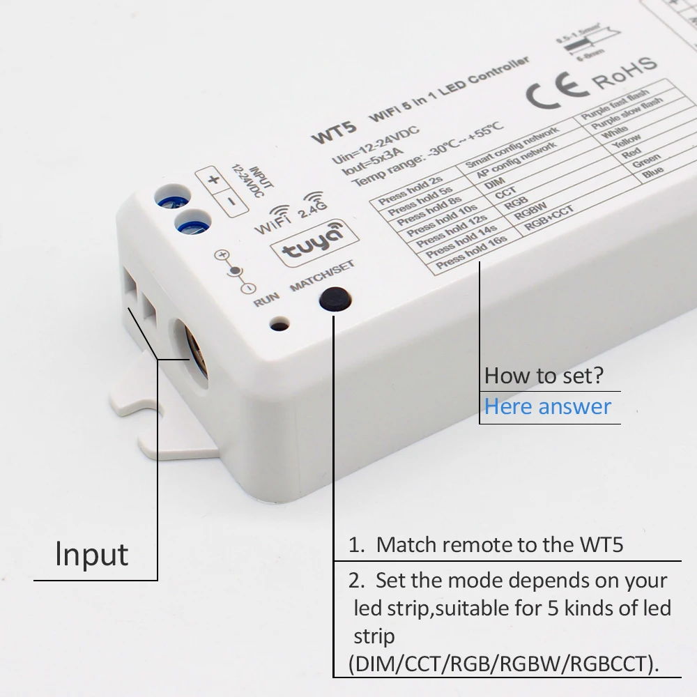 MJJC Tuya LED Controller 12v 24v 5 in 1 Dimmer RGB CCT RGBW RGBWW RGBCCT Strip Light Smart Life Wifi 2.4G RF Wireless Remote WT5