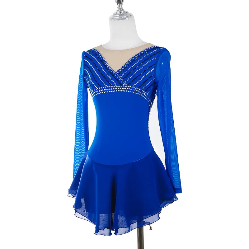ZAGITOVA Royal Blue Figure Skating Dress Women Girls Ice Skating Skirt V-neck Stripe Rhinestones Mesh Skirt