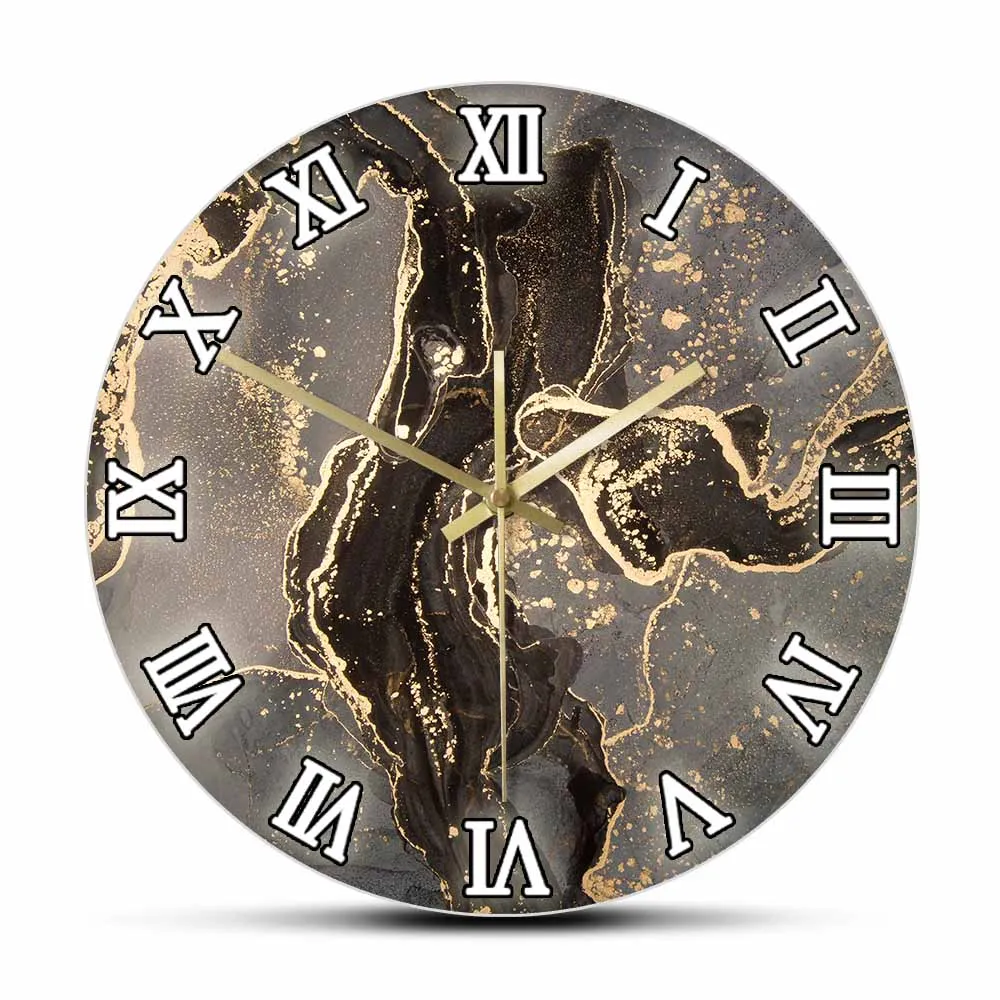 

Luxury Abstract Fluid Art Painting Modern Design Wall Clock Black Gold Marble Printed Clock Silent Movement Watch For Bedroom