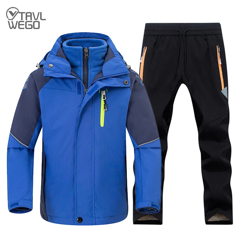 TRVLWEGO Children Hiking Hood Jacket And Pant Camping Winter Warm Windproof Outdoor Traveling Clothing Kids Trekking Ski Suit