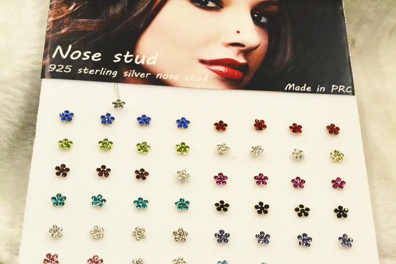 48pcs/lot Free Shipping 925 sterling silver Nose ring Bone Flowers Nose Piercing Mix Colors