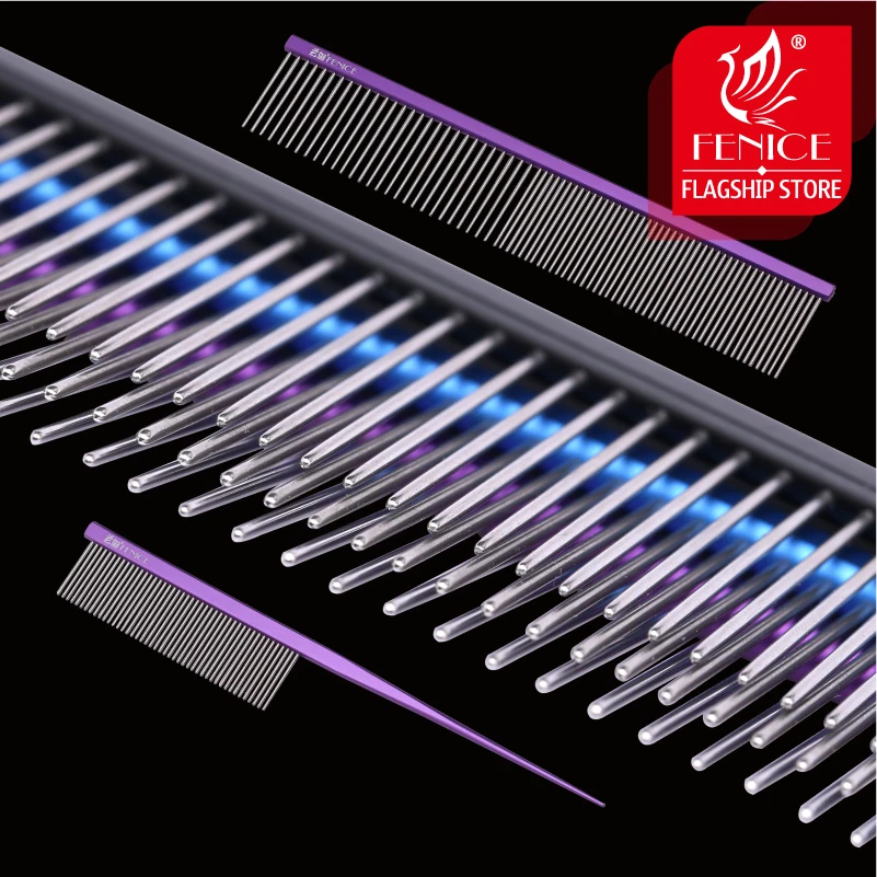 Fenice Pet Grooming Comb for Dog Metal Tail Comb Cat Animals Groomer Tools Blue/Purple/Pink/Black Comb for Groomer Stylist