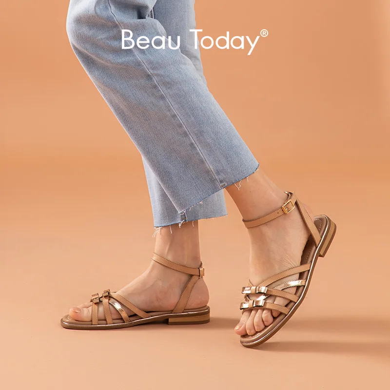 

BeauToday Flat Sandals Gladiator Women Cow Leather Ankle Strap Bowknot Narrow Band Summer Ladies Low Heel Shoes Handmade 32320