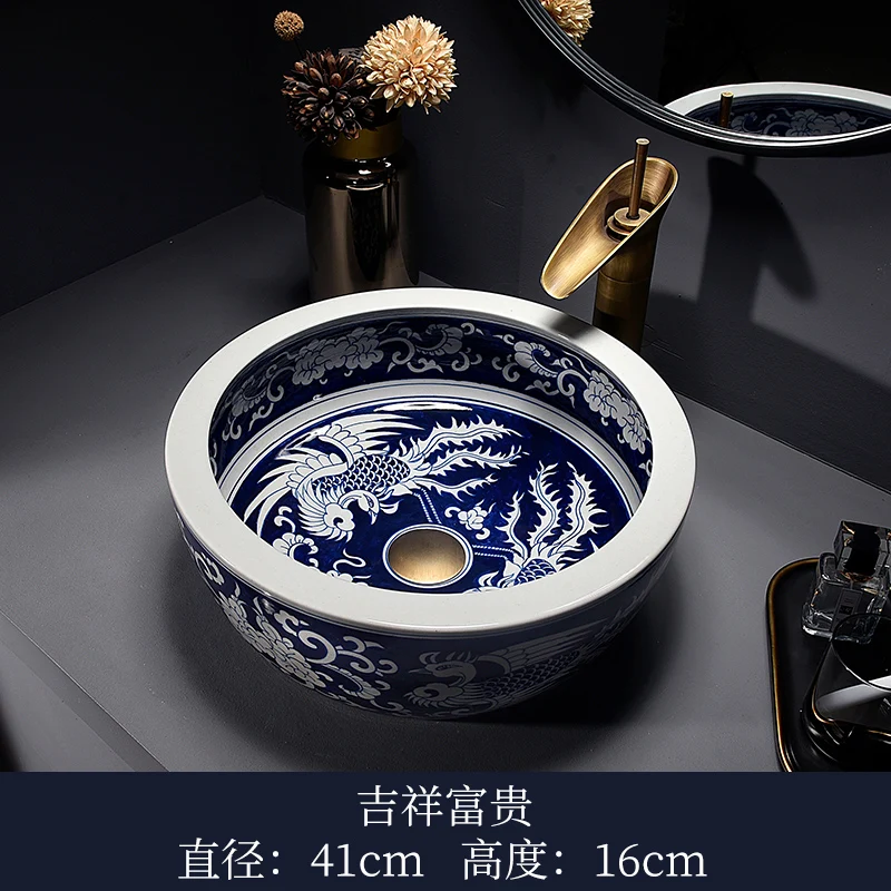 China Classic Porcelain Painting Art Countertop colored bathroom sink blue and white ceramic wash basin