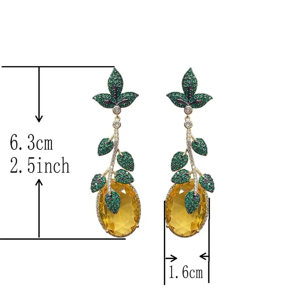 Bilincolor Fashion Golden Leaf and Pink Cubic Zircon Vintage Luxury Drop Earring for Women Wedding Jewelry
