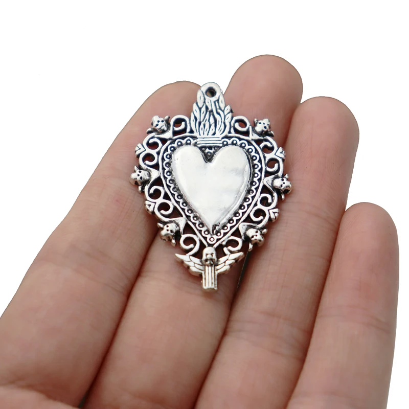 5 x Tibetan Silver Color Boho Filigree Heart Charms Pendants for DIY Necklace Jewelry Making Findings Accessories 41x29mm