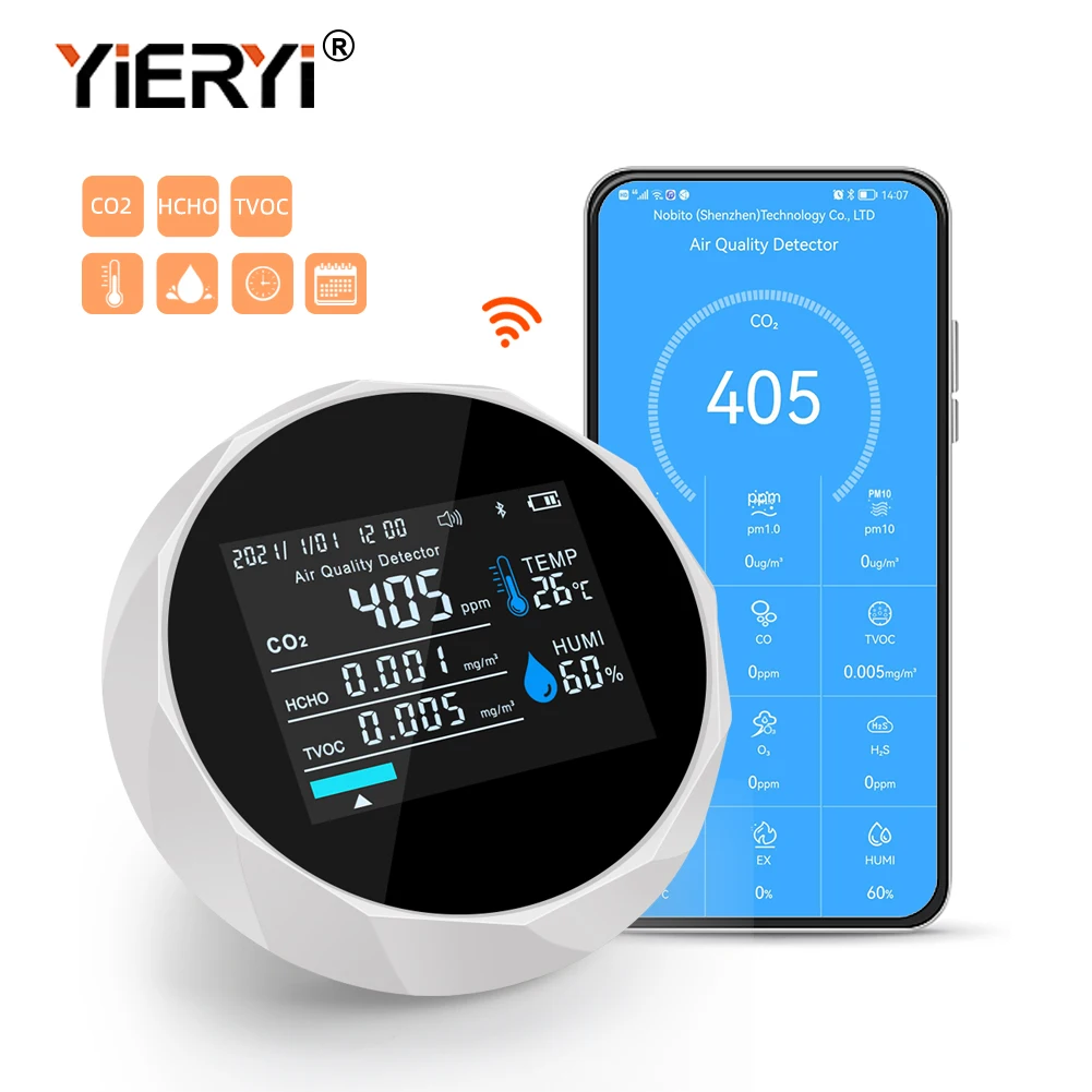 Yieryi Inteligente Bluetooth Detector de Qualidade do ar Digital Co2 Temperatura Medidor Umidade App Monitoramento Real Analisador Gás em Casa Interior