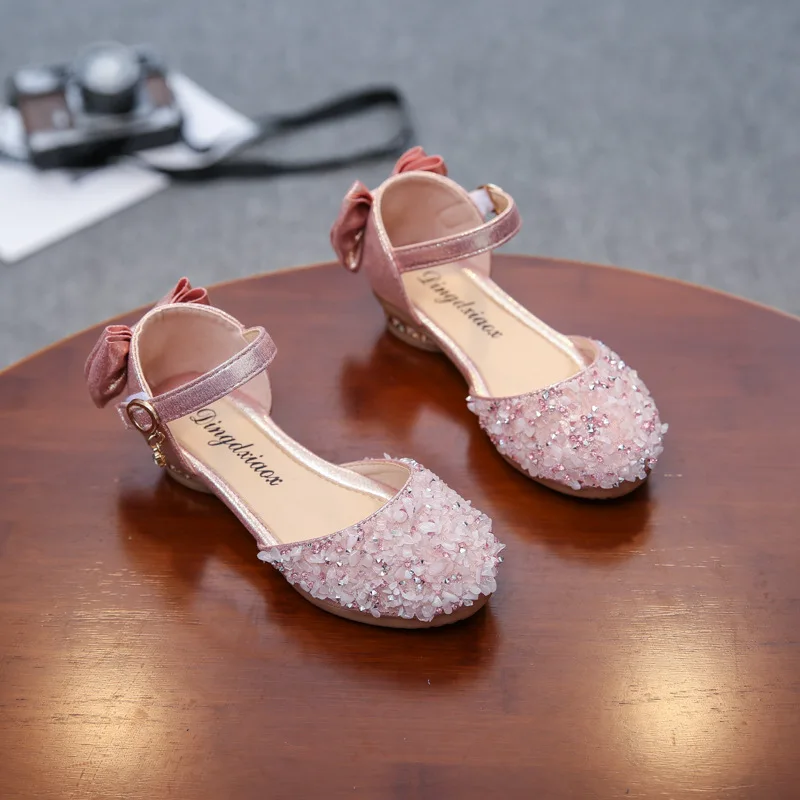 Sandal Kulit Berlian Imitasi Fashion Musim Panas Anak Perempuan Sepatu Hak Tinggi Putri Sandal Anak-anak Baru 2022 Sepatu Pita Anak-anak 3-12 Tahun