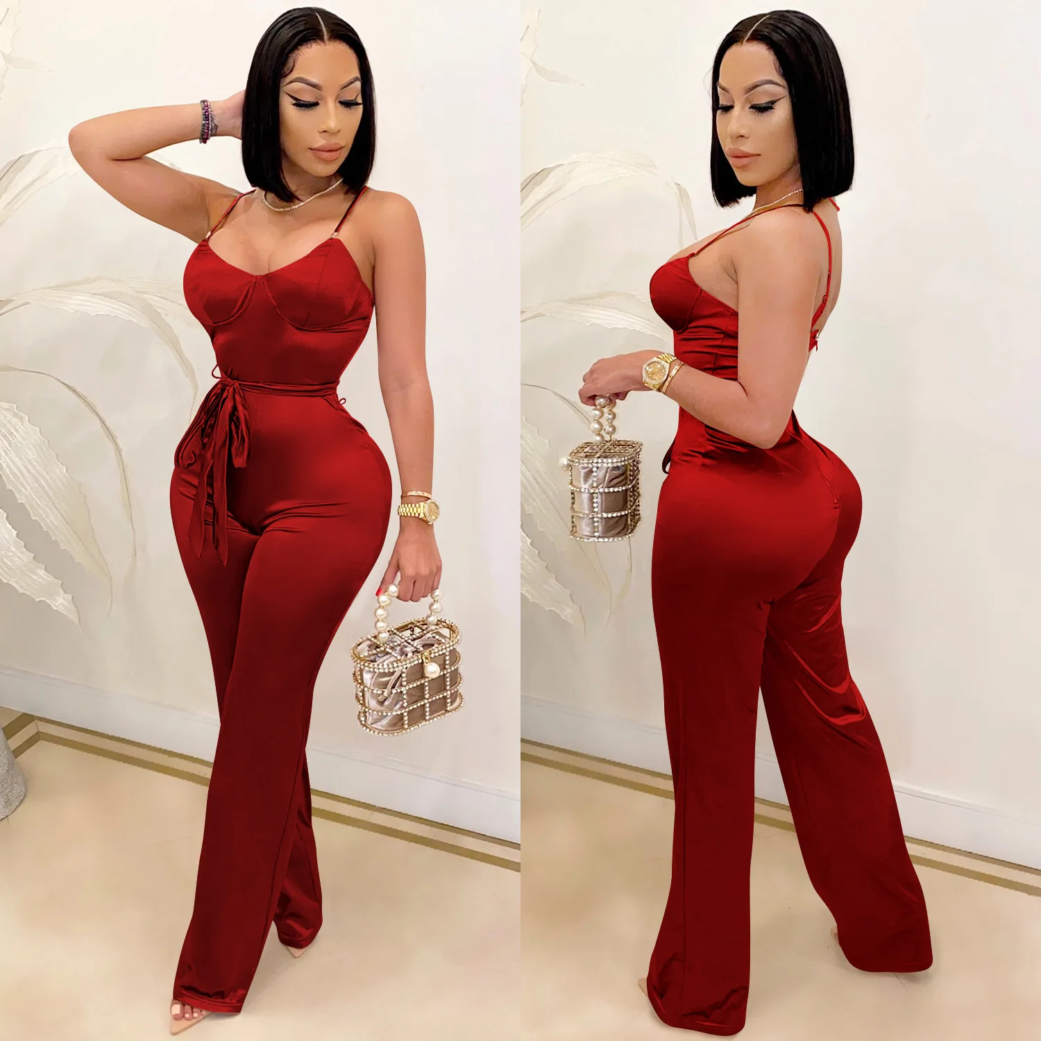 New Women Spaghetti Strap Sleeveless Straight Jumpsuit Women Sexy Club Open Back High Waist Rompers One Piece Overalls