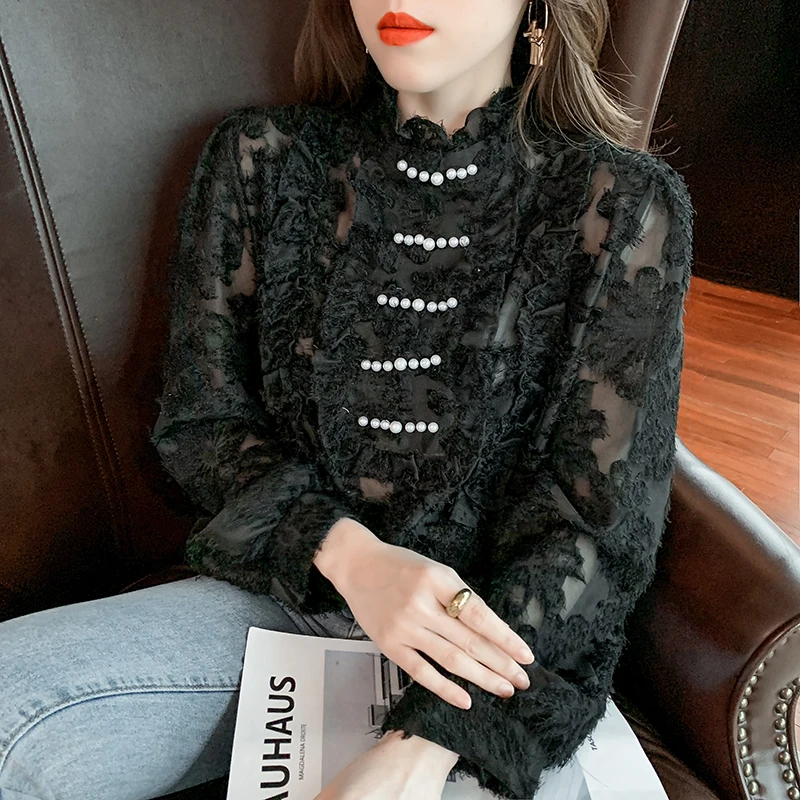 Early Autumn 2021 Elegant Lace Blouse Women Ruffles Stitching White Bottoming Shirt Stand Collar Chic Pearl Loose Tops New 17768