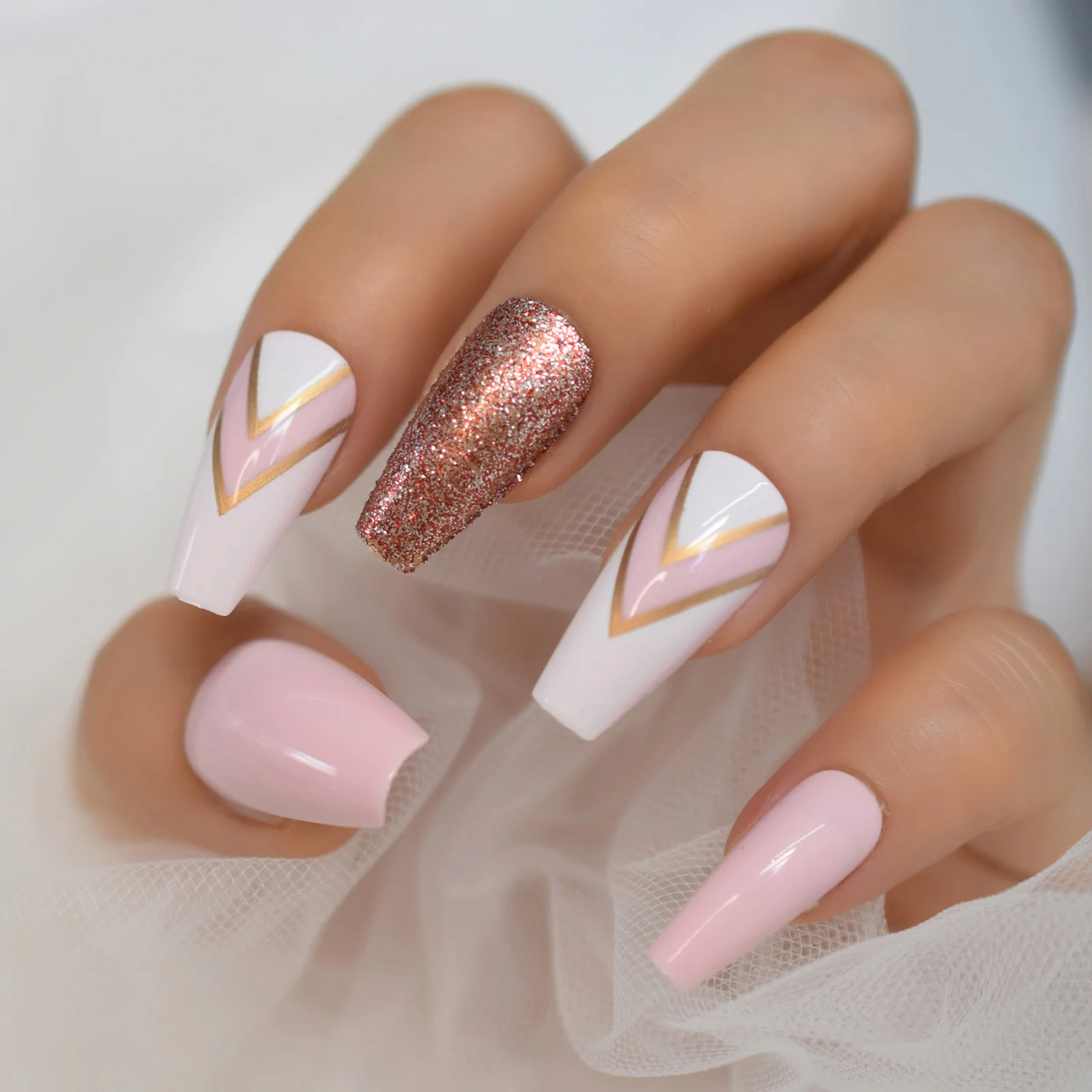 Shiny Glitter French Press on False Nails V Line Pink White Long Ballerina Coffin Full Cover Fake Fingersnails Extention Tool