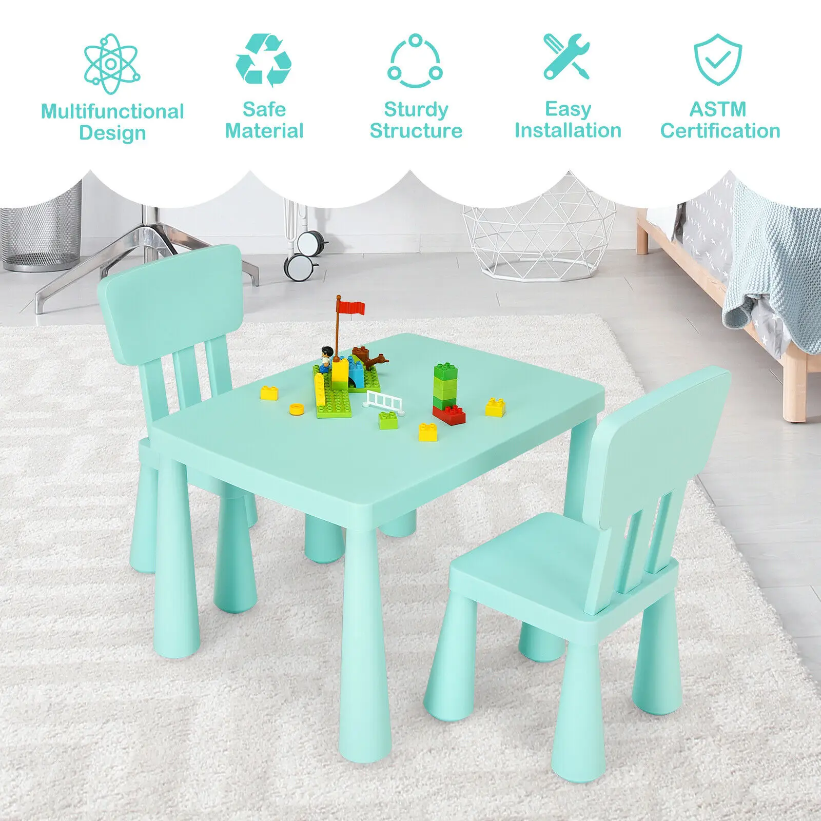 Babyjoy Kids Tafel & 2 Stoelen Set Peuter Activiteit Spelen Eetkamer Studie Bureau Groene HW66810GN