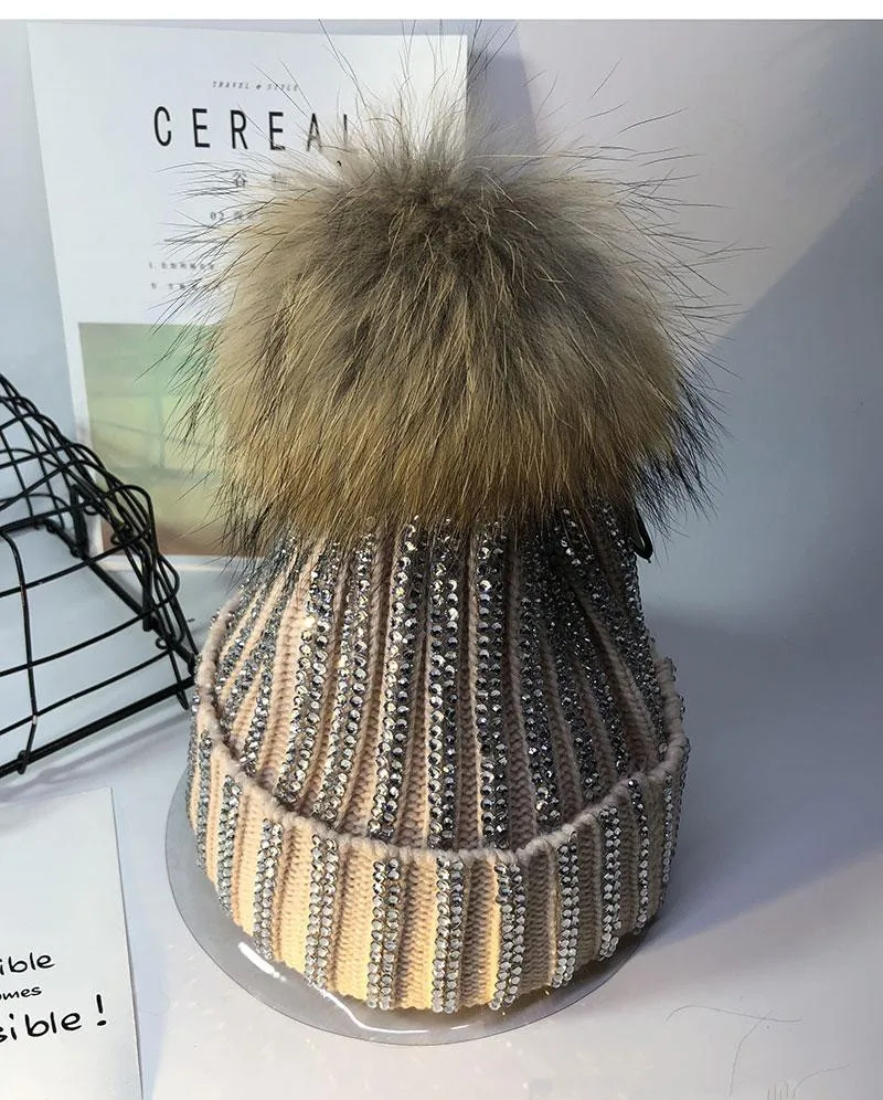 Fashion Winter Adult thick warm fur beanies caps Luxury women Rhinestone crystal skullcap Skullies Hats Gorros