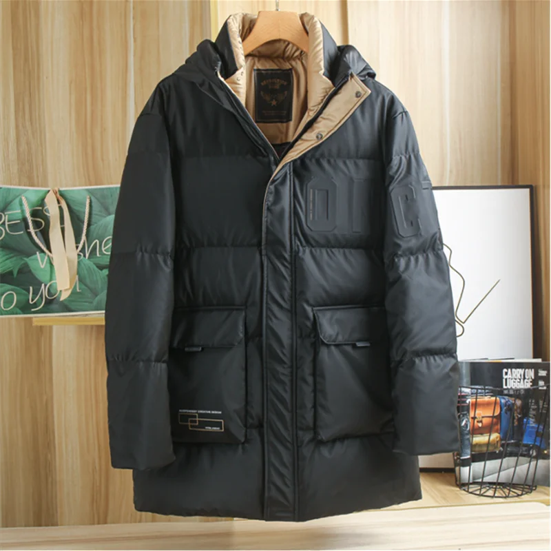 Winter Mid-length Duck Down Jacket Men's Thickened Warm Hooded Coat Outdoor Walking Tooling Cargo Parka Students Storm Suit