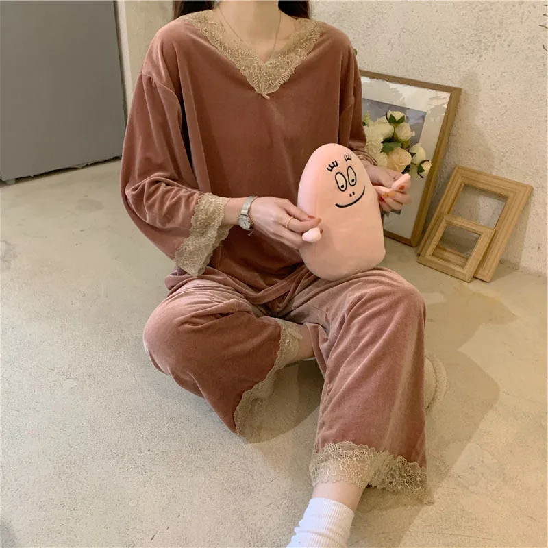 Fdfklak Lace Stitching Gold Velvet Sleepwear Pijamas Suit Female Homewear Mujer Spring Autumn New Women Pyjamas Sets