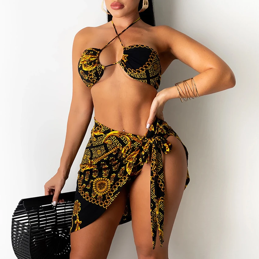 

Sexy Bikinis INS Retro Print Erogenous Zone Gauze Skirt Women Beach Swimwear Bathing Suit Three-point Thong Swimsuit Bikini Set