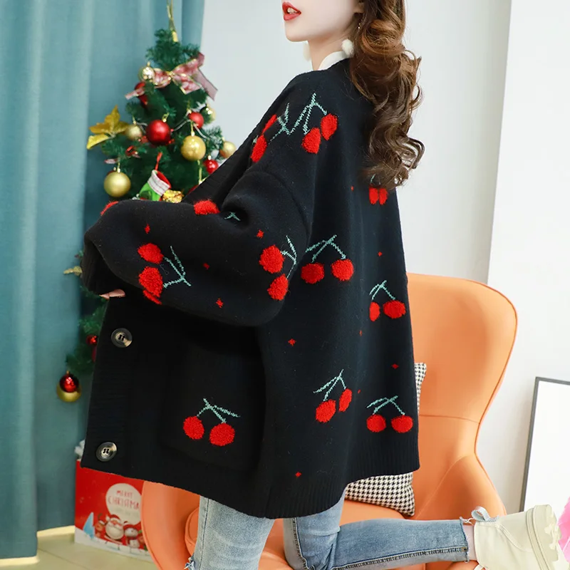 

Women's V-neck Bat Sleeve Pocket Knitted Sweater Jacket Fall Fashion Cherry Embroidered Mid-length Cardigan Loose Ladies Top