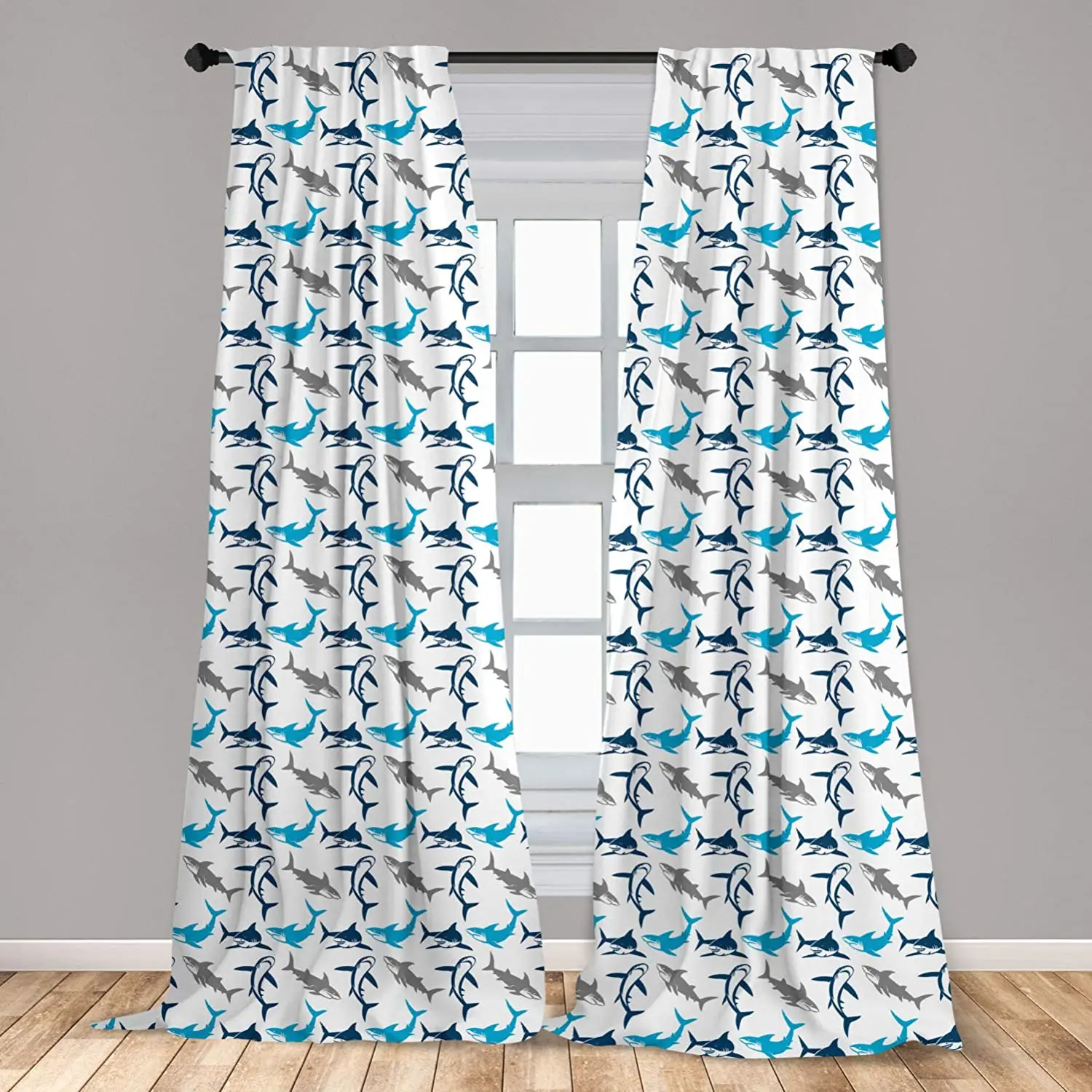 Shark Window Curtain Retro Style Different Abstract Silhouettes of Dangerous High Seas Lightweight Decorative